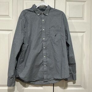 🍓 Nautical Classic Fit/Stretch Navy Blue White Plaid Long Sleeve Button Up Shirt